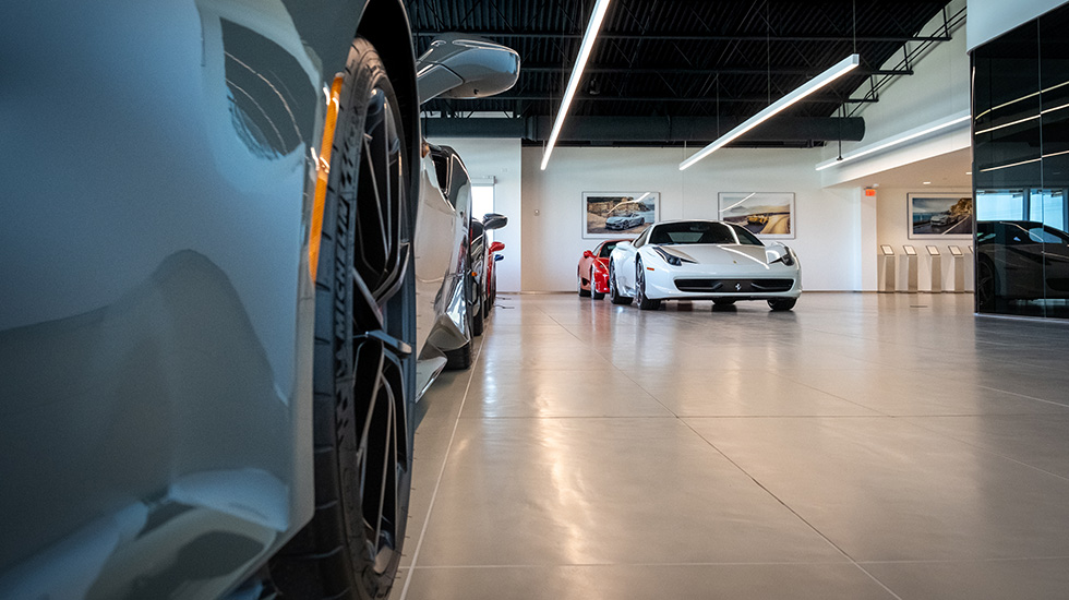 car showroom flooring at Ferrari auto dealership